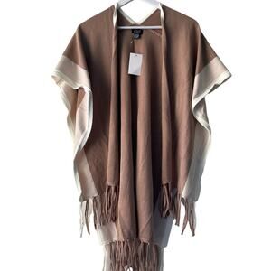 Roffe Beige, Tan, & Brown Color block Knit Poncho / Wrap with Fringes - OS (NWT)